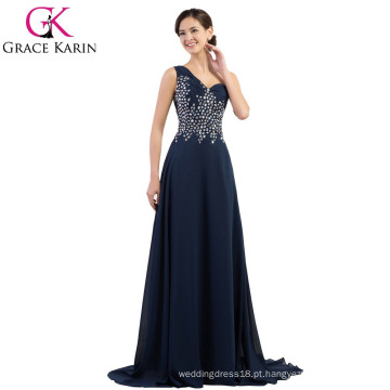 Grace Karin Chiffon One Shoulder Heavy Beaded Long Vestido de noite azul marinho CL4506-2